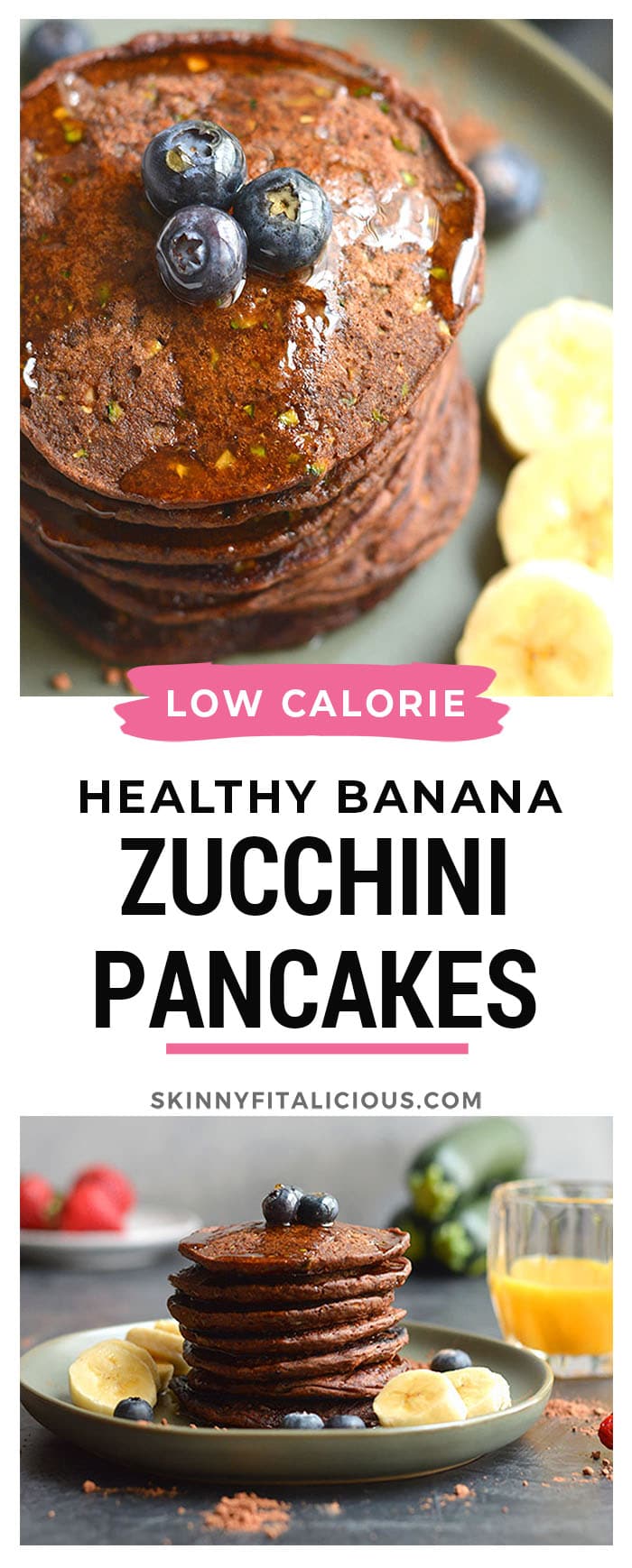 Zucchini Banana Pancakes are vegan, gluten free friendly and low in calories! Made with simple wholesome, real food ingredients and oh so tasty! These pancakes are a sneaky way to add more healthy foods to your diet in a chocolaty way.