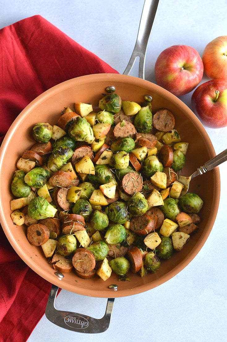 Paleo Apple Sausage Brussels Sprouts Hash! The perfect sweet and savory meal made with simple ingredients and quick to cook. Doubles as breakfast or lunch. A great for meal prep recipe! Paleo + Gluten Free + Low Calorie 