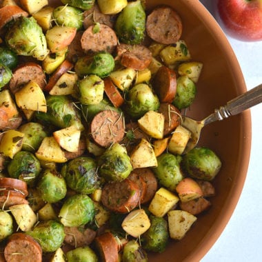 Paleo Apple Sausage Brussels Sprouts Hash! The perfect sweet and savory meal made with simple ingredients and quick to cook. Doubles as breakfast or lunch. A great for meal prep recipe! Paleo + Gluten Free + Low Calorie 
