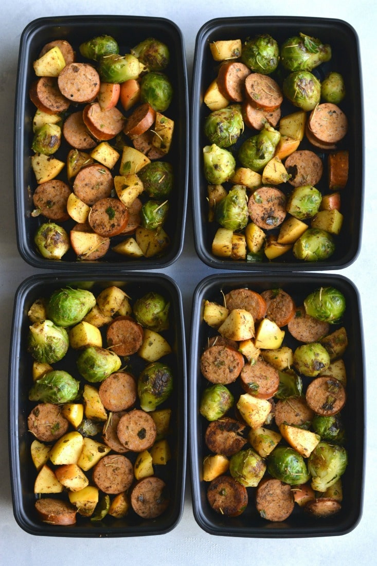 Paleo Apple Sausage Brussels Sprouts Hash! The perfect sweet and savory meal made with simple ingredients and quick to cook. Doubles as breakfast or lunch. A great for meal prep recipe! Paleo + Gluten Free + Low Calorie 