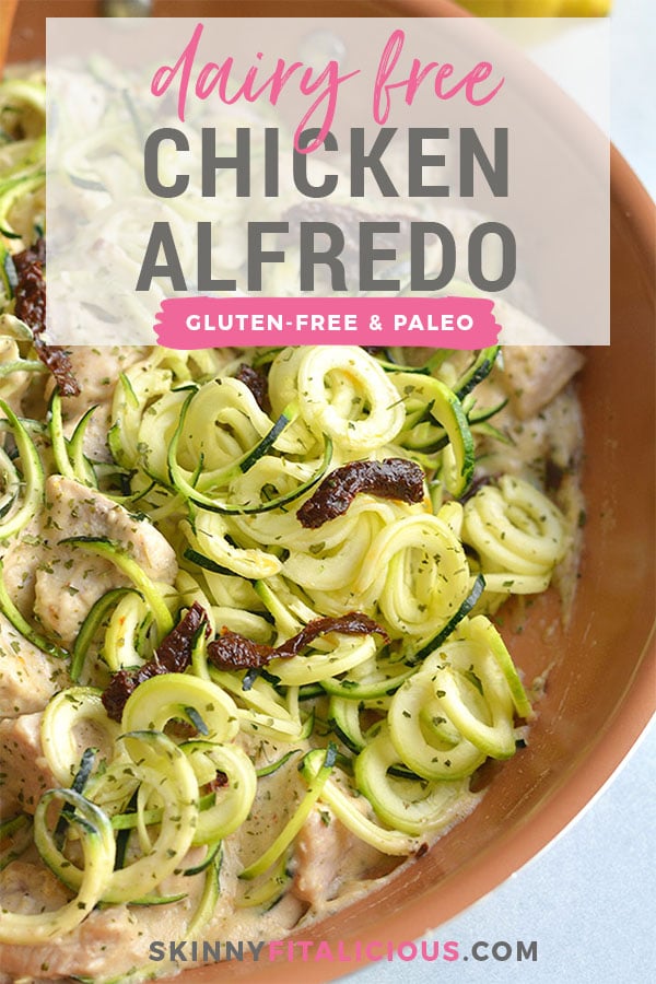 This Dairy Free Chicken Alfredo Zucchini Noodles is a 30-minute healthy skillet meal. A low carb "pasta" dinner made with zucchini noodles and a cashew sauce. Gluten Free + Low Calorie + Paleo
