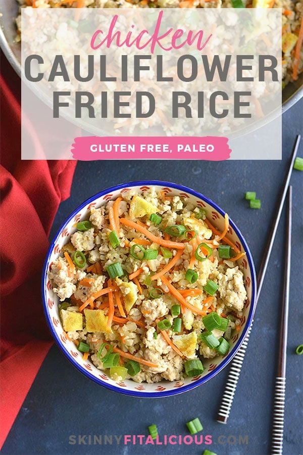 Meal Prep Chicken Cauliflower Fried Rice! Cauliflower rice replaces the grains in this low carb dish. Naturally gluten free, a good source of veggies and incredibly delicious! Low Carb + Paleo + Gluten Free