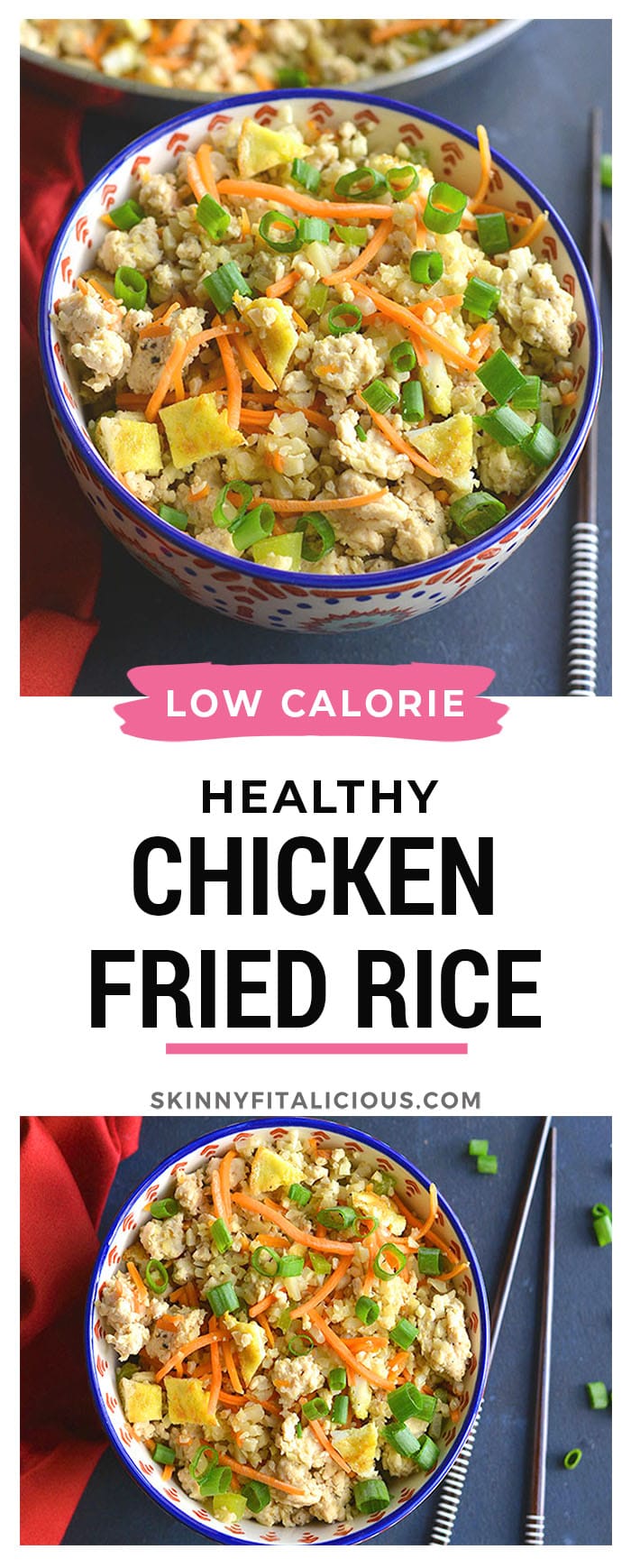 Chicken Cauliflower Fried Rice! Cauliflower rice replaces the grains in this low carb dish. Naturally gluten free, a good source of veggies and incredibly delicious!