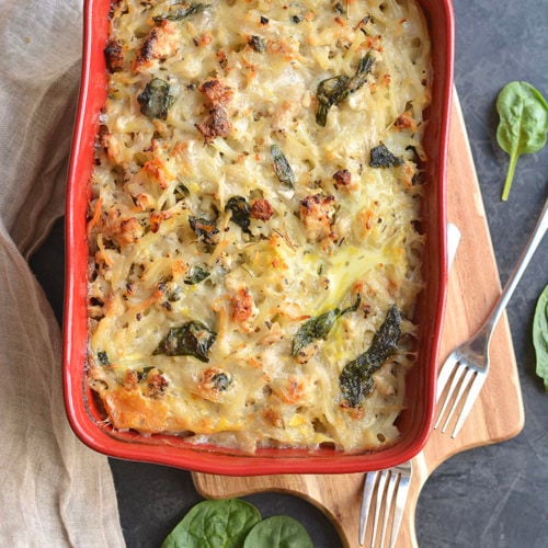 Creamy Chicken Potato Casserole! A comforting meal with potatoes, chicken and a dairy-free cream sauce. A simple, wholesome Paleo dinner that's easy to make and Whole30 friendly.