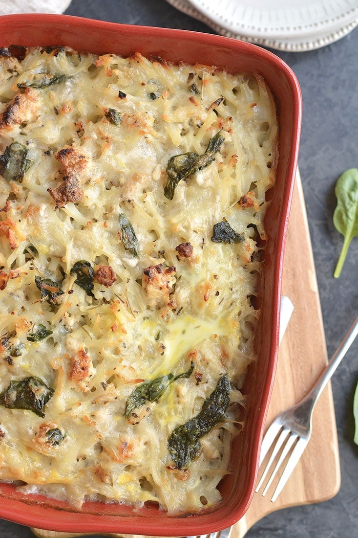 Creamy Chicken Potato Casserole! A comforting meal with potatoes, chicken and a dairy-free cream sauce. A simple, wholesome Paleo dinner that's easy to make and Whole30 friendly. 