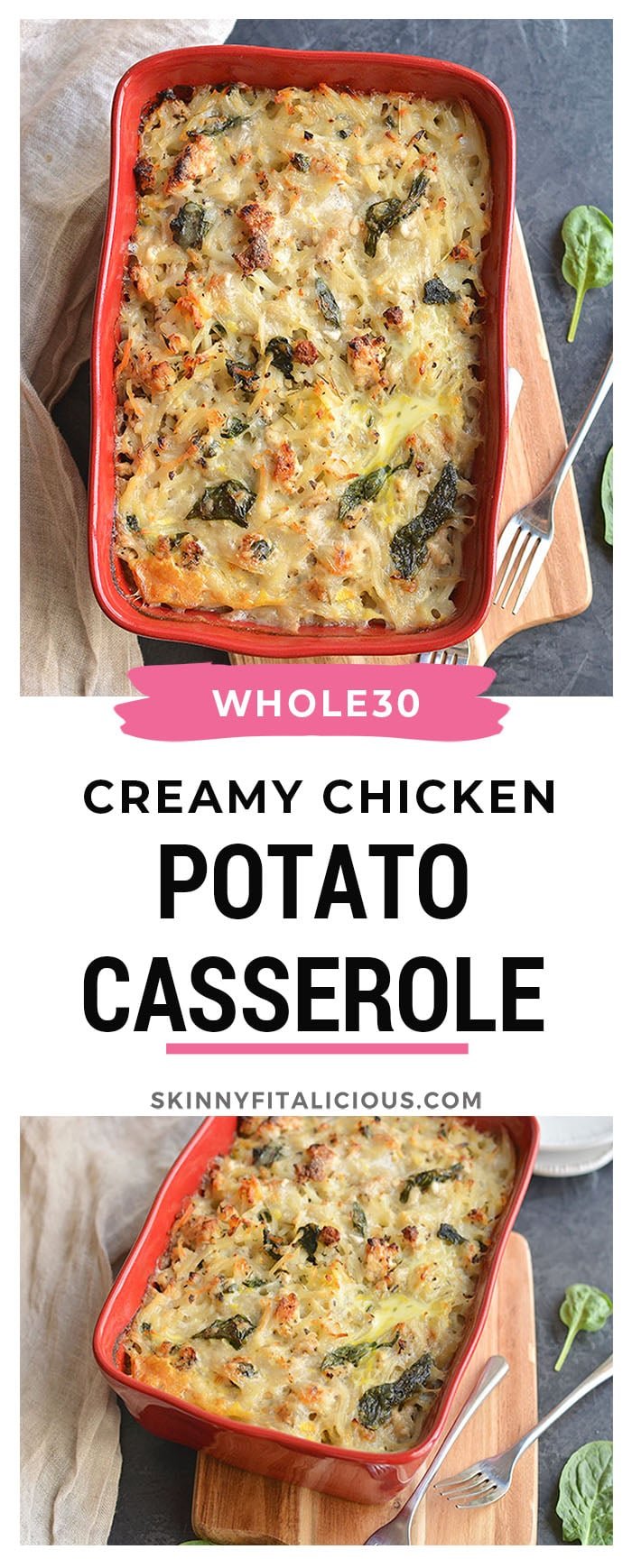 Creamy Chicken Potato Casserole! A comforting meal with potatoes, chicken and a dairy-free cream sauce. A simple, wholesome Paleo dinner that's easy to make and Whole30 friendly. Paleo + Gluten Free + Low Calorie