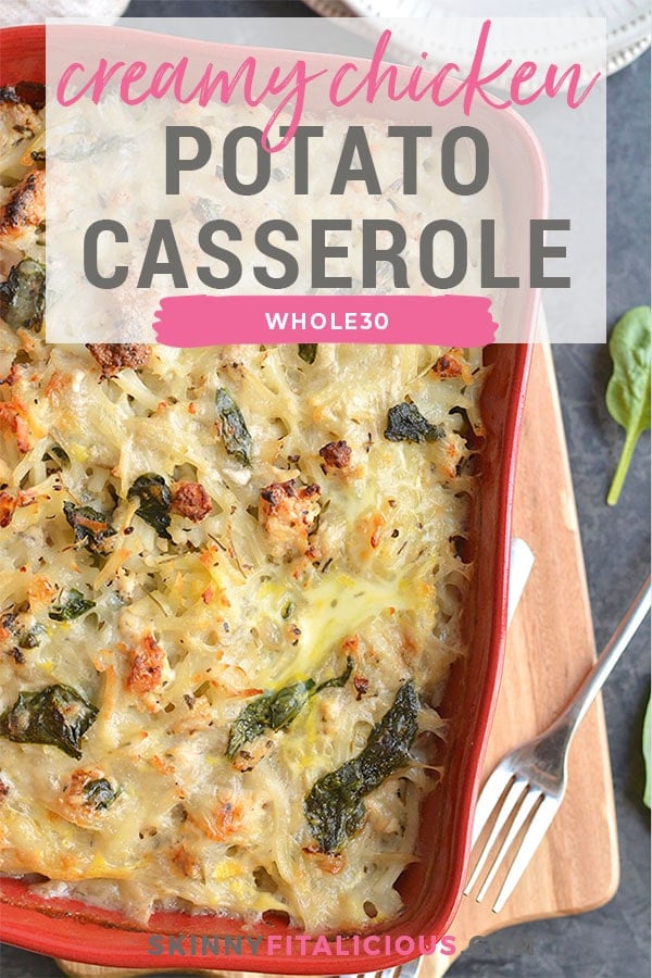 Creamy Chicken Potato Casserole! A comforting meal with potatoes, chicken and a dairy-free cream sauce. A simple, wholesome Paleo dinner that's easy to make and Whole30 friendly. Paleo + Gluten Free + Low Calorie