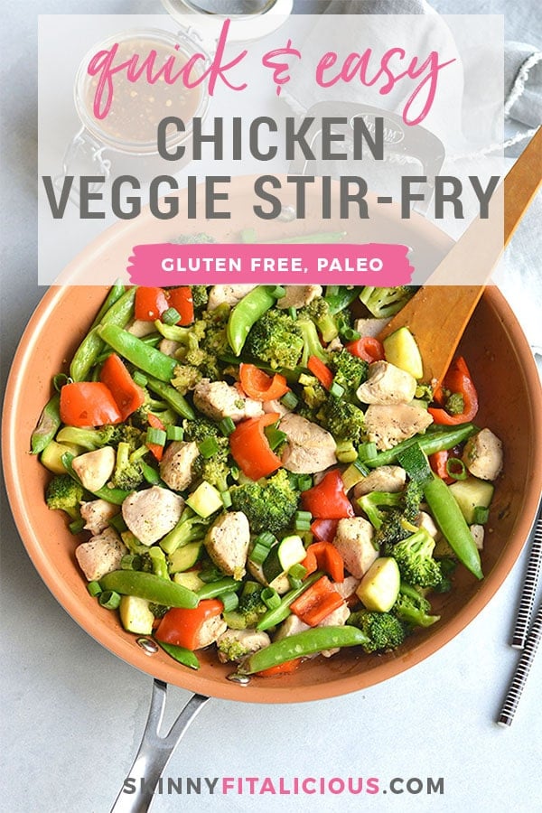 Clean Out The Fridge Chicken Veggie Stir Fry! Add any leftover veggies from the fridge, toss in chicken and soy free stir-free sauce for a quick and delicious meal! Naturally gluten fee and lower in carbs. Gluten Free + Paleo + Low Calorie