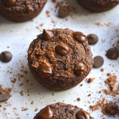 Chocolate Pumpkin Almond Flour Muffins! These muffins are Paleo, dairy-free and lightly sweetened with maple syrup. A great gluten free snack anytime of day! Paleo + Gluten Free + Low Calorie