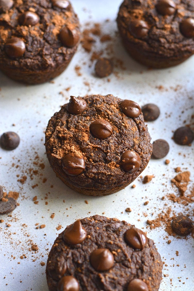 Chocolate Pumpkin Almond Flour Muffins! These muffins are Paleo, dairy-free and lightly sweetened with maple syrup. A great gluten free snack anytime of day! Paleo + Gluten Free + Low Calorie