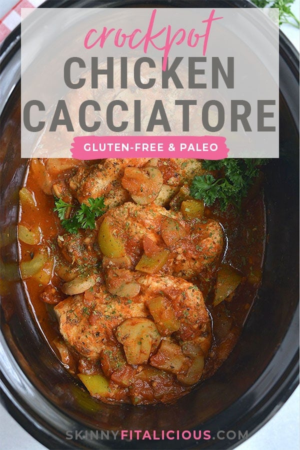 Crockpot Chicken Cacciatore! A healthy spin on traditional Italian cacciatore made in a slow cooker. Served over zucchini noodles for a minimal effort, lower carb dinner that's big on flavor. Gluten Free + Paleo + Low Calorie 