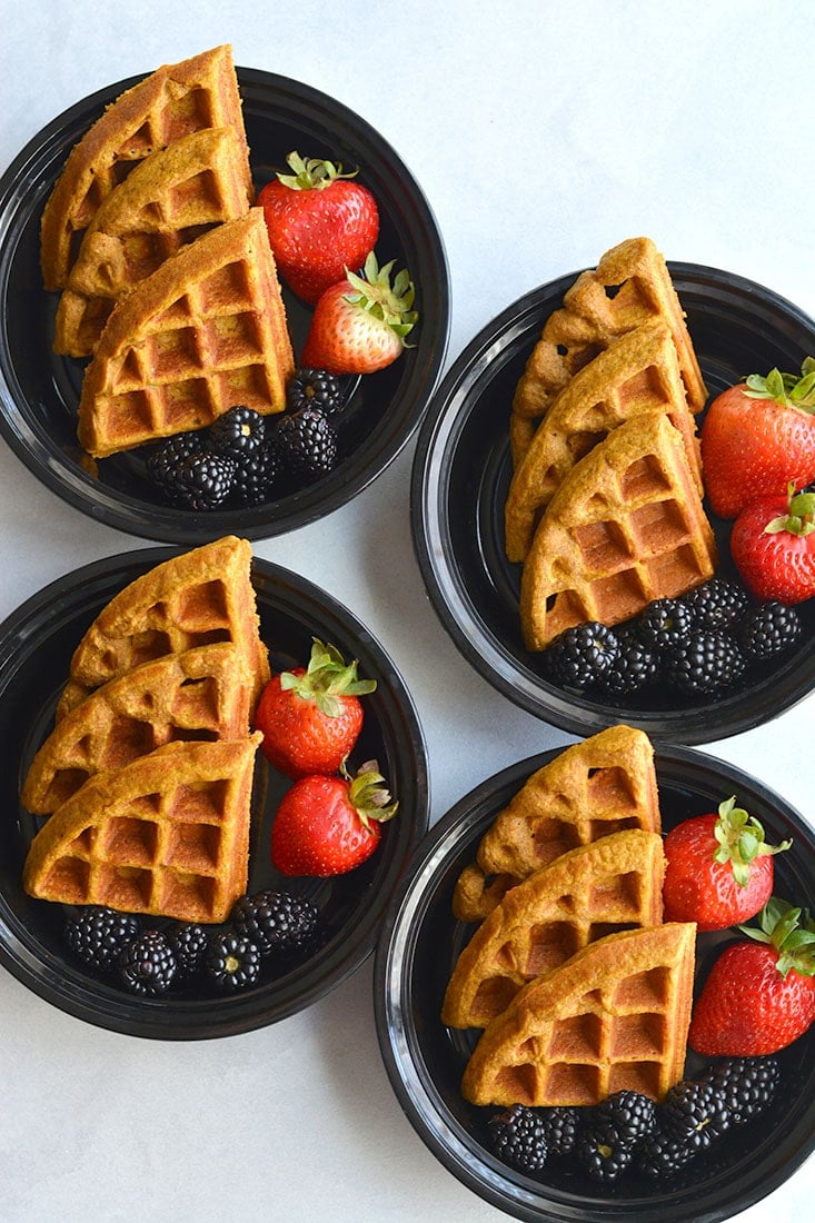 Whole Grain Pumpkin Spice Waffles! Freezer friendly, made with simple real food ingredients, perfect for breakfast meal prep or weekend brunch. Made dairy and gluten free with minimal added sugar. Gluten Free + Low Calorie