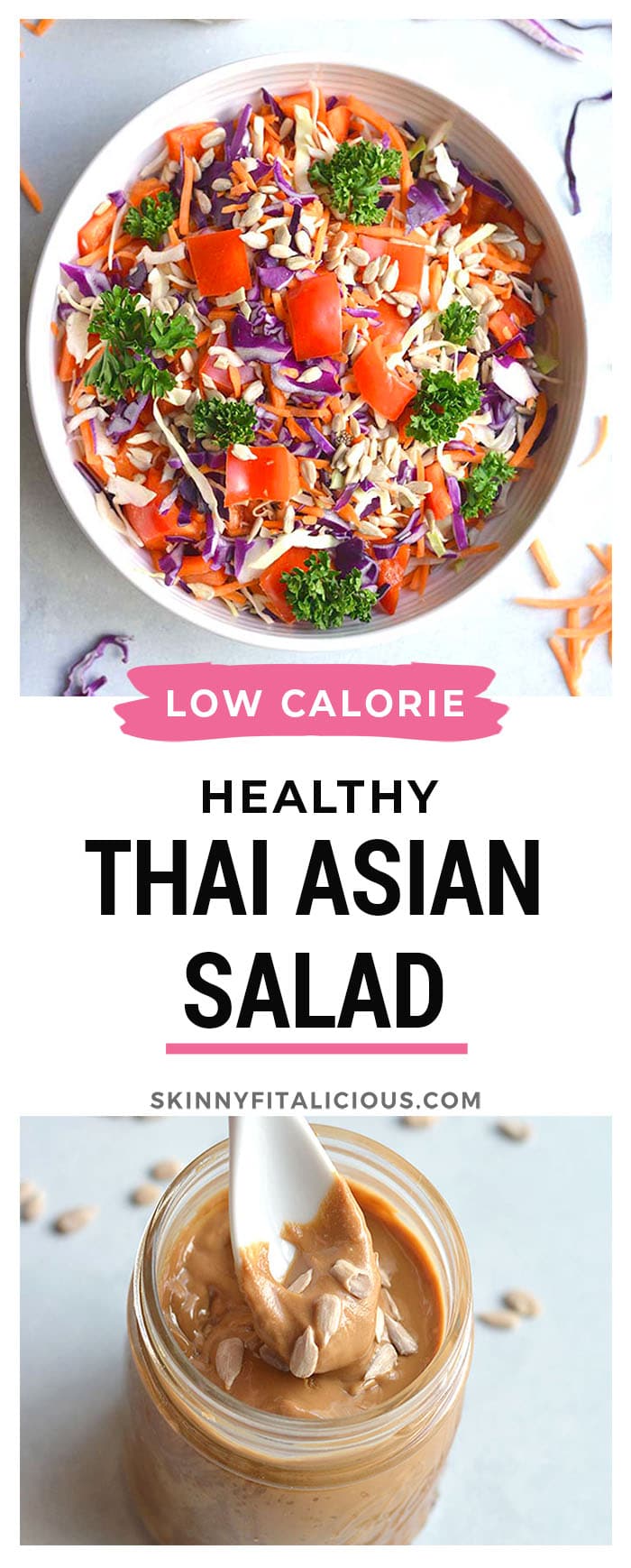 Thai Asian Salad with nut free sunflower dressing! A loaded detox salad with cabbage, carrots, and bell peppers tossed in a spicy Asian dressing. Healthy fat and carbs unite!