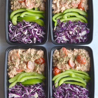 Meal Prep Tuna Taco Salad! Creamy, flavorful tuna mixed with veggies and taco seasoning. A 10 minute, no brainer meal prep that's high in protein and big on flavor. Gluten Free + Low Calorie