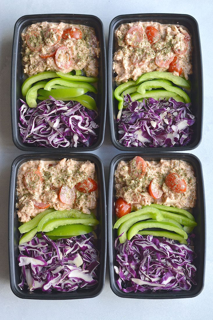 Meal Prep Tuna Taco Salad! Creamy, flavorful tuna mixed with veggies and taco seasoning. A 10 minute, no brainer meal prep that's high in protein and big on flavor. Gluten Free + Low Calorie