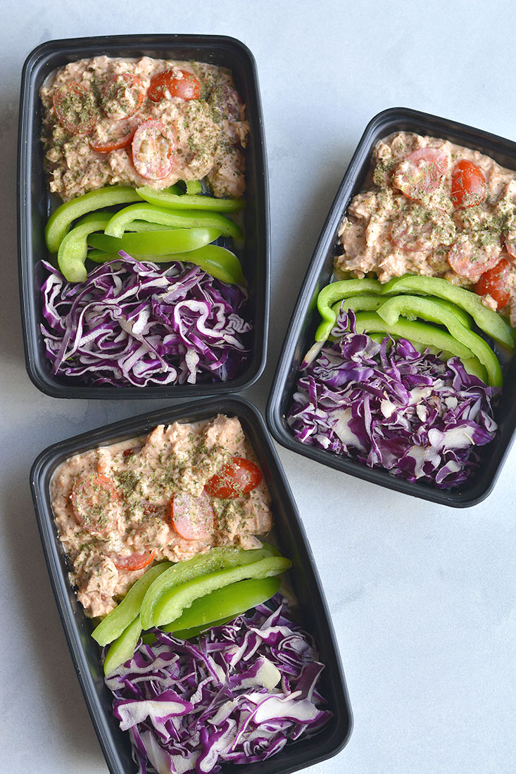 Meal Prep Tuna Taco Salad! Creamy, flavorful tuna mixed with veggies and taco seasoning. A 10 minute, no brainer meal prep that's high in protein and big on flavor. Gluten Free + Low Calorie