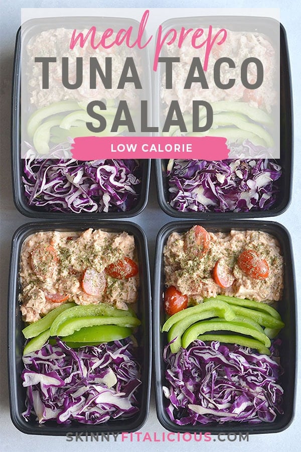 Meal Prep Tuna Taco Salad! Creamy, flavorful tuna mixed with veggies and taco seasoning. A 10 minute, no brainer meal prep that's high in protein and big on flavor. Gluten Free + Low Calorie + Low Carb