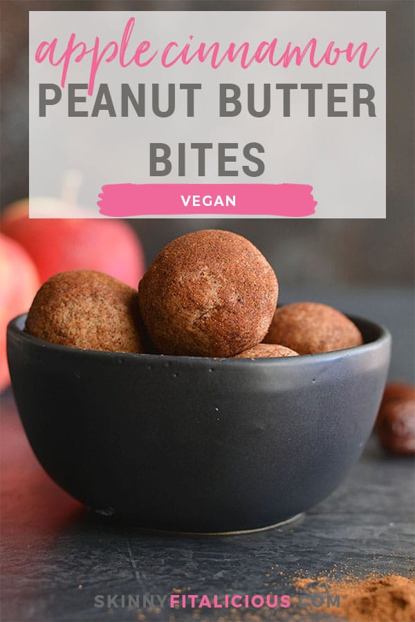 Vegan Apple Cinnamon Peanut Butter Bites! Simple, no bake energy bites with a soft, cookie like texture with the sweetness of cinnamon. Made with good for you ingredients and refined sugar free. A healthy snack the whole family will love! 