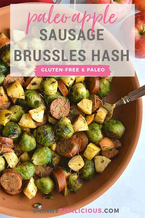 Paleo Apple Sausage Brussels Sprouts Hash! The perfect sweet and savory meal made with simple ingredients and quick to cook. Doubles as breakfast or lunch. A great for meal prep recipe! 