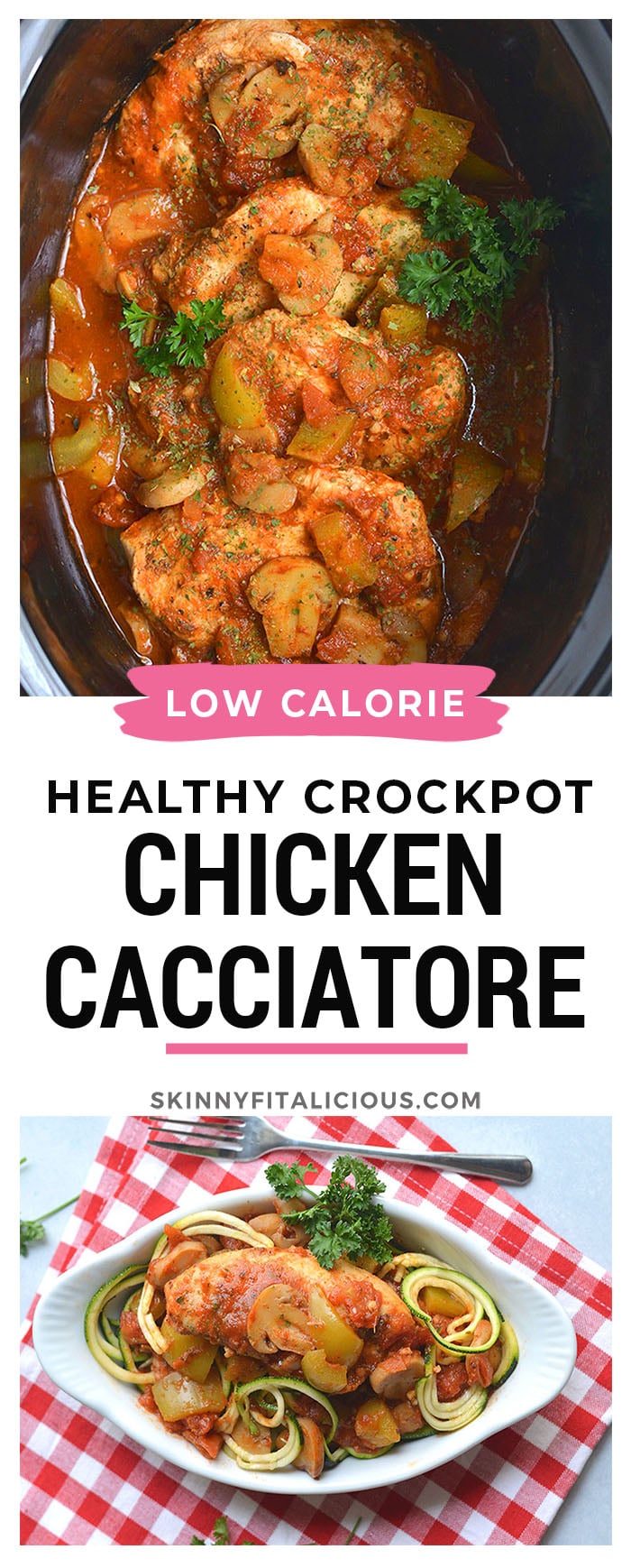 Crockpot Chicken Cacciatore! A healthy spin on traditional Italian cacciatore made in a slow cooker. Served over zucchini noodles for a minimal effort, lower carb dinner that’s big on flavor. 