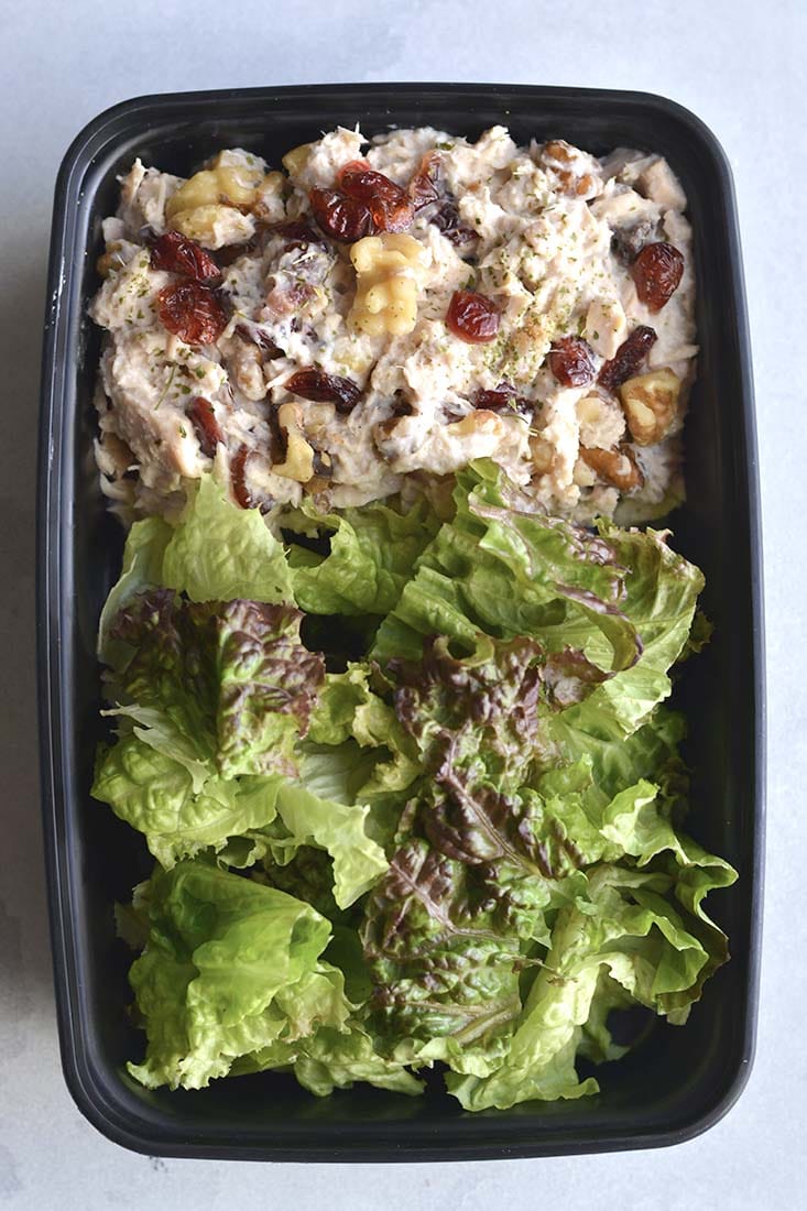 Meal Prep Cranberry Walnut Chicken Salad! A simple chicken salad that's healthy and packed with fall flavor. Rich in protein and fat to keep you full from lunch until dinner! Gluten Free + Low Calorie