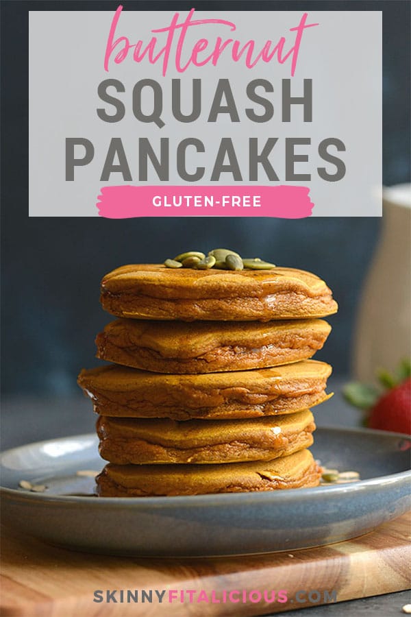Thick, fluffy whole grain Butternut Squash Maple Oat Pancakes made with simple ingredients. Great for a weekend breakfast or easy fall meal prep. Gluten Free + Low Calorie