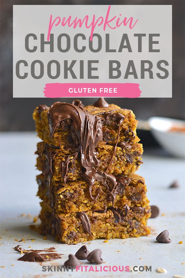 Pumpkin Chocolate Chip Cookie Bars are made with healthier baking ingredients for a better for you baked treat! Gluten free, lower in sugar and absolutely delicious! Vegan + Low Calorie + Gluten Free