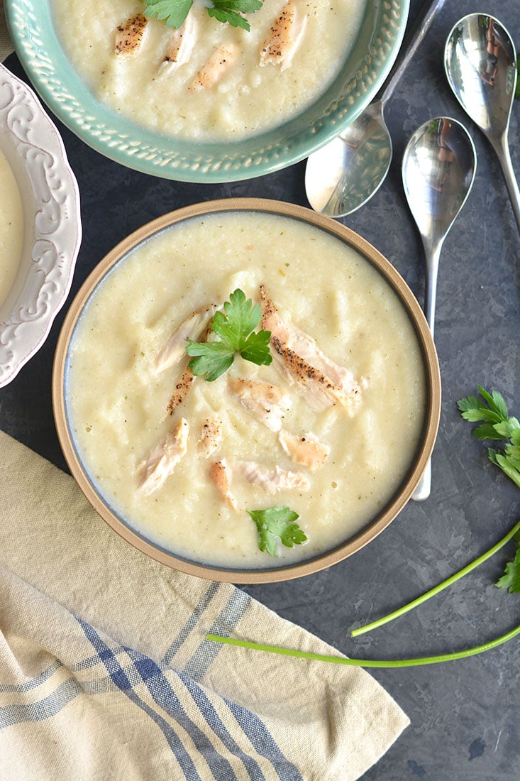 Creamy Chicken Cauliflower Soup is a healthy, dairy free recipe. A comforting bowl of this soup is sure to warm you up on a cool day. Made with a large dose of parsley for anti-inflammatory properties, this soup is also Paleo, Low Carb, Gluten Free and Low Calorie.