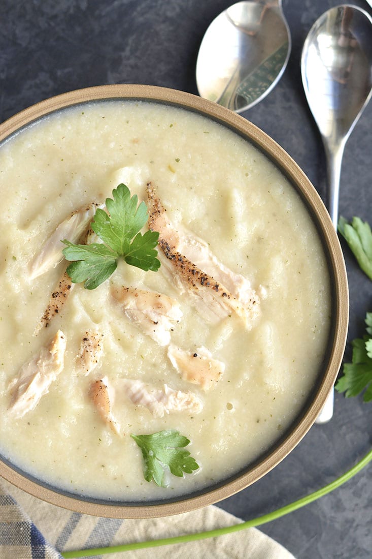 Creamy Chicken Cauliflower Soup is a healthy, dairy free recipe. A comforting bowl of this soup is sure to warm you up on a cool day. Made with a large dose of parsley for anti-inflammatory properties, this soup is also Paleo, Low Carb, Gluten Free and Low Calorie.
