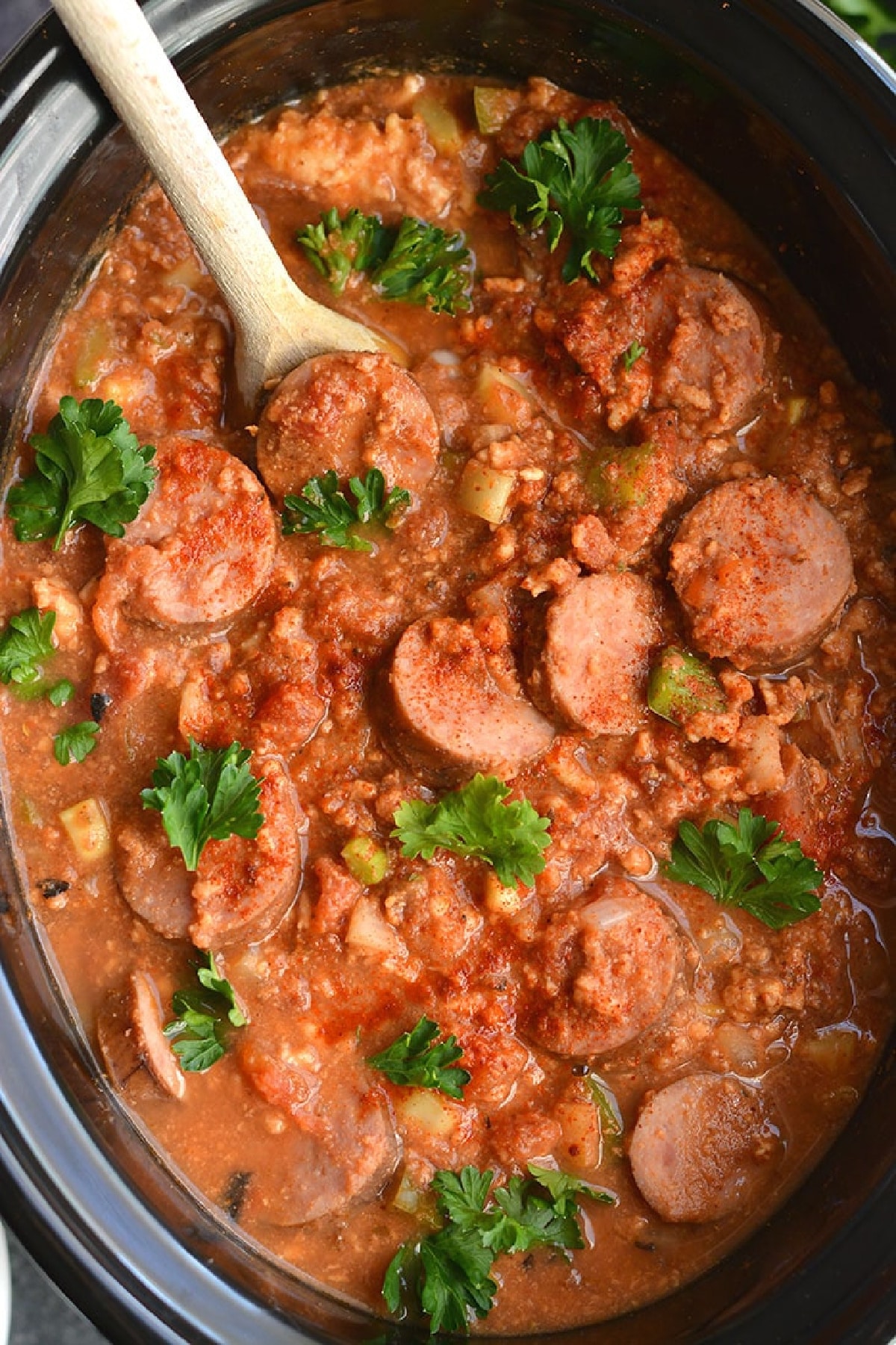 chicken sausage and chili in a crock pot.