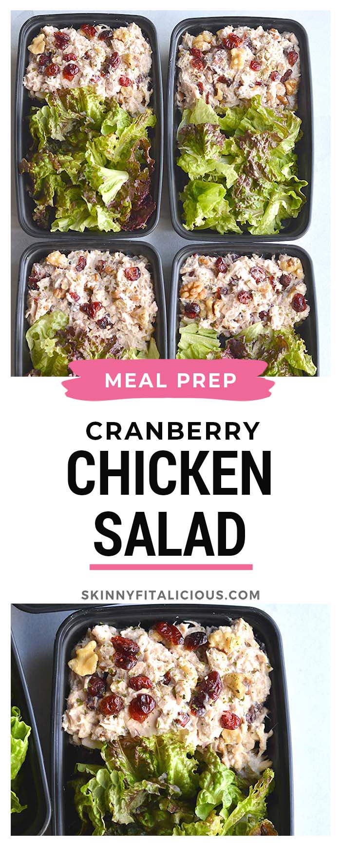Meal Prep Cranberry Walnut Chicken Salad! A simple chicken salad that's healthy and packed with fall flavor. Rich in protein and fat to keep you full from lunch until dinner! Gluten Free + Low Calorie