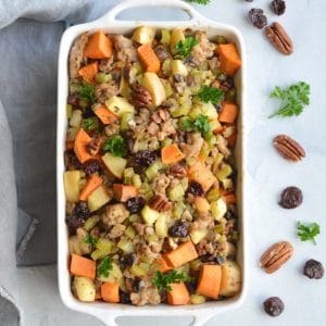 Paleo Thanksgiving Stuffing made grain free with a healthy twist. This holiday dish has the flavor of traditional stuffing without the grains. Easy to make and crowd pleasing! Paleo + Gluten Free + Low Calorie 