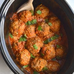 Crockpot Turkey Sausage Meatballs! Thick, juicy, tender meatballs are made with turkey and sausage in a slow cooker. An easy dinner that pleases a crowd! Gluten Free + Low Calorie