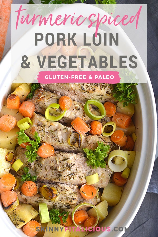 Turmeric Spiced Pork Loin with parsnips, carrots and leeks. Boneless baked pork loin marinated in turmeric, roasted veggies and a sprinkle of herbs. A one-dish Whole30, Paleo, gluten-free meal ready in 30 minutes. 