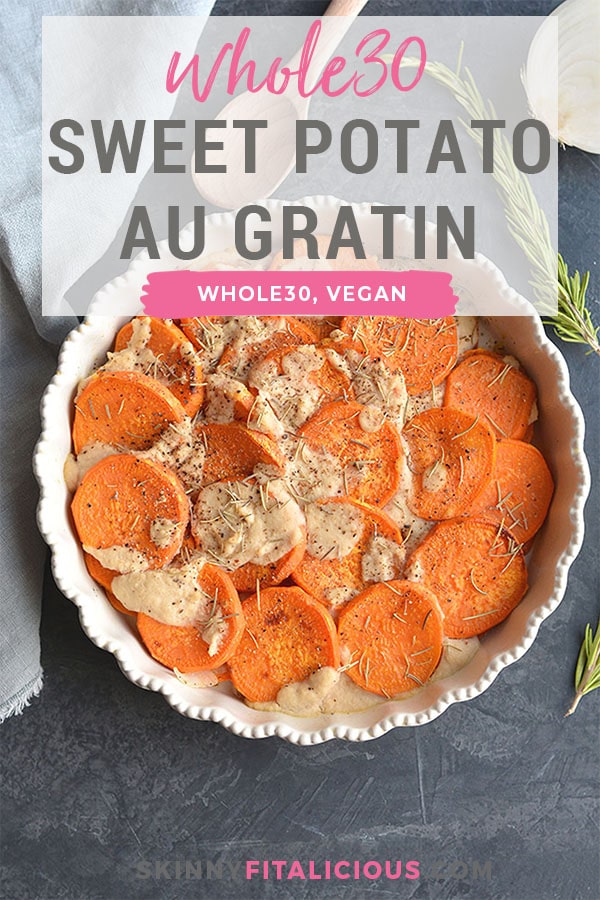 Whole30 Sweet Potato Au Gratin are sweet potatoes drizzled in a dairy-free cashew "cream" sauce. This Vegan and Paleo dish makes an easy side dish to a family dinner or a delicious to your holiday table. Whole30 + Paleo + Gluten Free + Vegan + Low Calorie