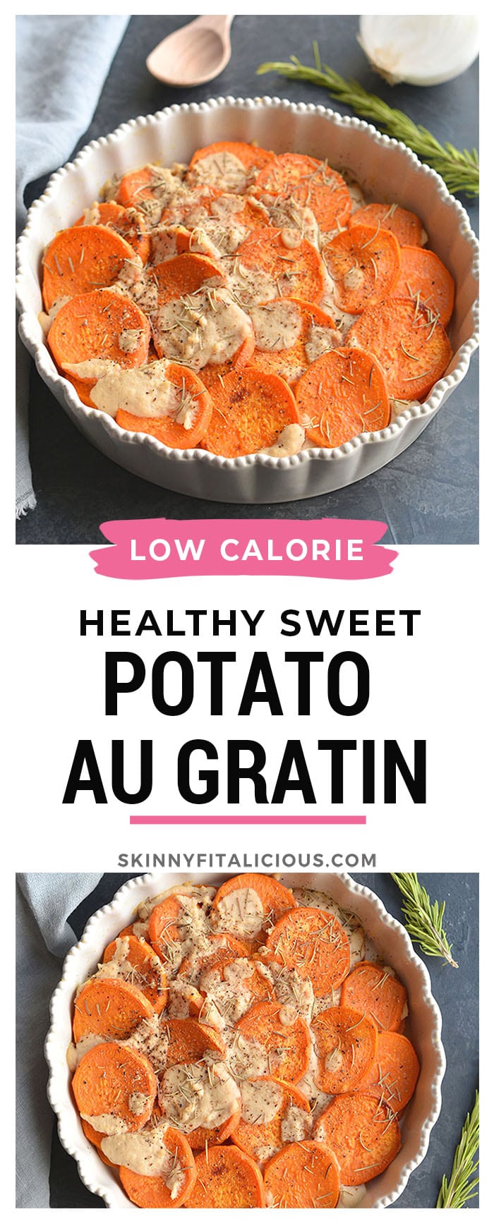 Whole30 Sweet Potato Au Gratin are sweet potatoes drizzled in a dairy-free cashew "cream" sauce. This Vegan and Paleo dish makes an easy side dish to a family dinner or a delicious to your holiday table