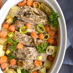Turmeric Spiced Pork Loin with parsnips, carrots and leeks. Boneless baked pork loin marinated in turmeric, roasted veggies and a sprinkle of herbs. A one-dish Whole30, Paleo, gluten-free meal ready in 30 minutes. 