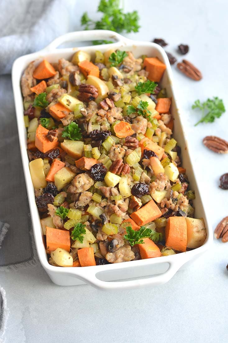 Paleo Thanksgiving Stuffing made grain free with a healthy twist. This holiday dish has the flavor of traditional stuffing without the grains. Easy to make and crowd pleasing! Paleo + Gluten Free + Low Calorie 