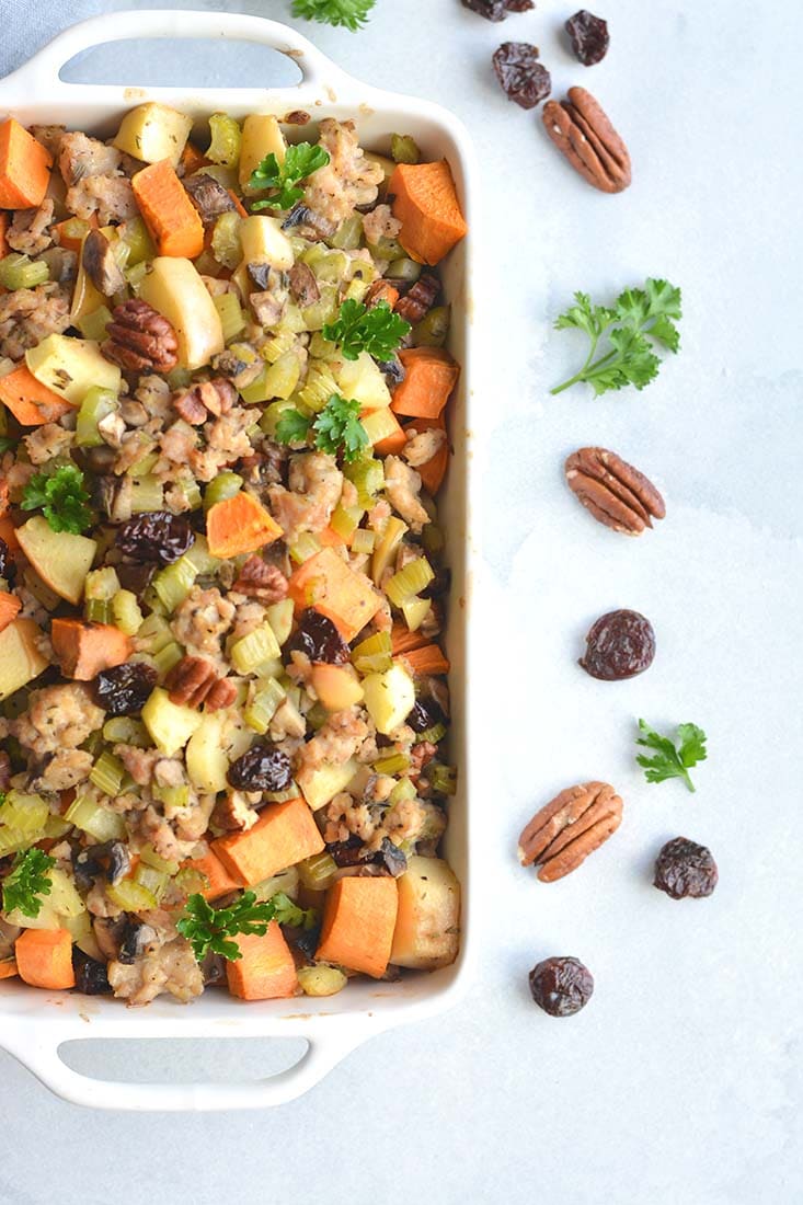 Paleo Thanksgiving Stuffing made grain free with a healthy twist. This holiday dish has the flavor of traditional stuffing without the grains. Easy to make and crowd pleasing! Paleo + Gluten Free + Low Calorie 