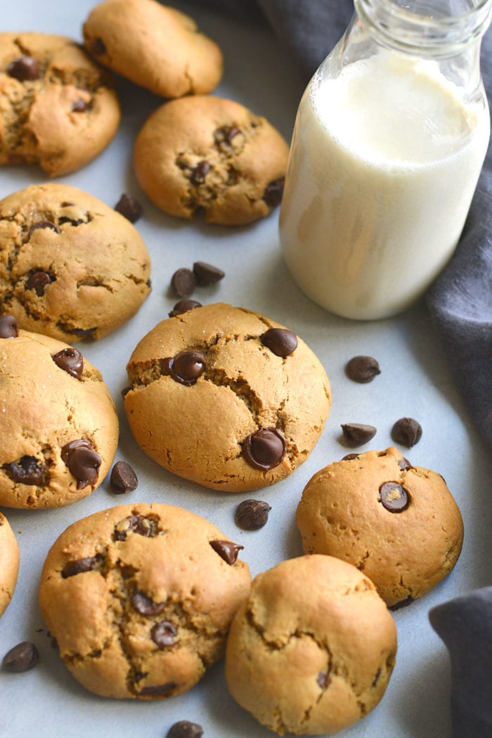 The best Almond Flour Chocolate Chip Cookies you'll ever eat! Made lighter and balanced in nutrition, this cookie recipe is easy to make and butter free. Soft, pillowy cookies! Paleo + Gluten Free + Low Calorie