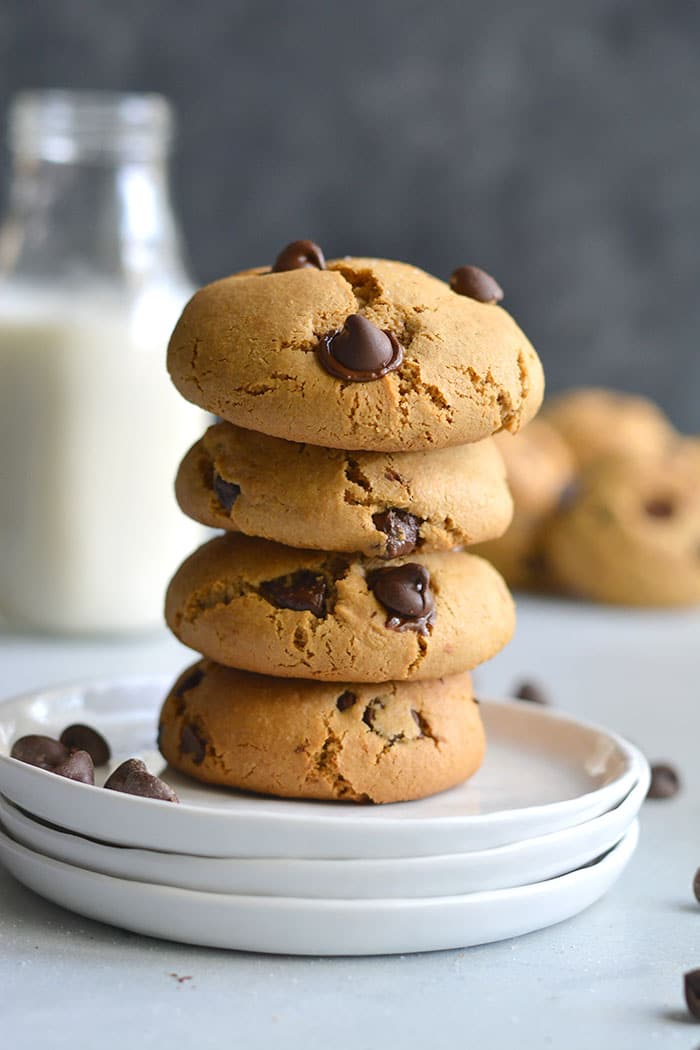 The best Almond Flour Chocolate Chip Cookies you'll ever eat! Made lighter and balanced in nutrition, this cookie recipe is easy to make and butter free. Soft, pillowy cookies! Paleo + Gluten Free + Low Calorie