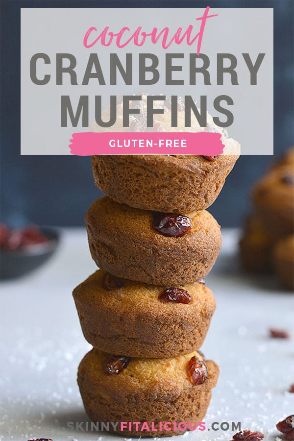 Delicious Coconut Cranberry Muffins made with Greek yogurt, coconut and oat flour are lightly sweetened. A healthier gluten free breakfast or snack on the go.