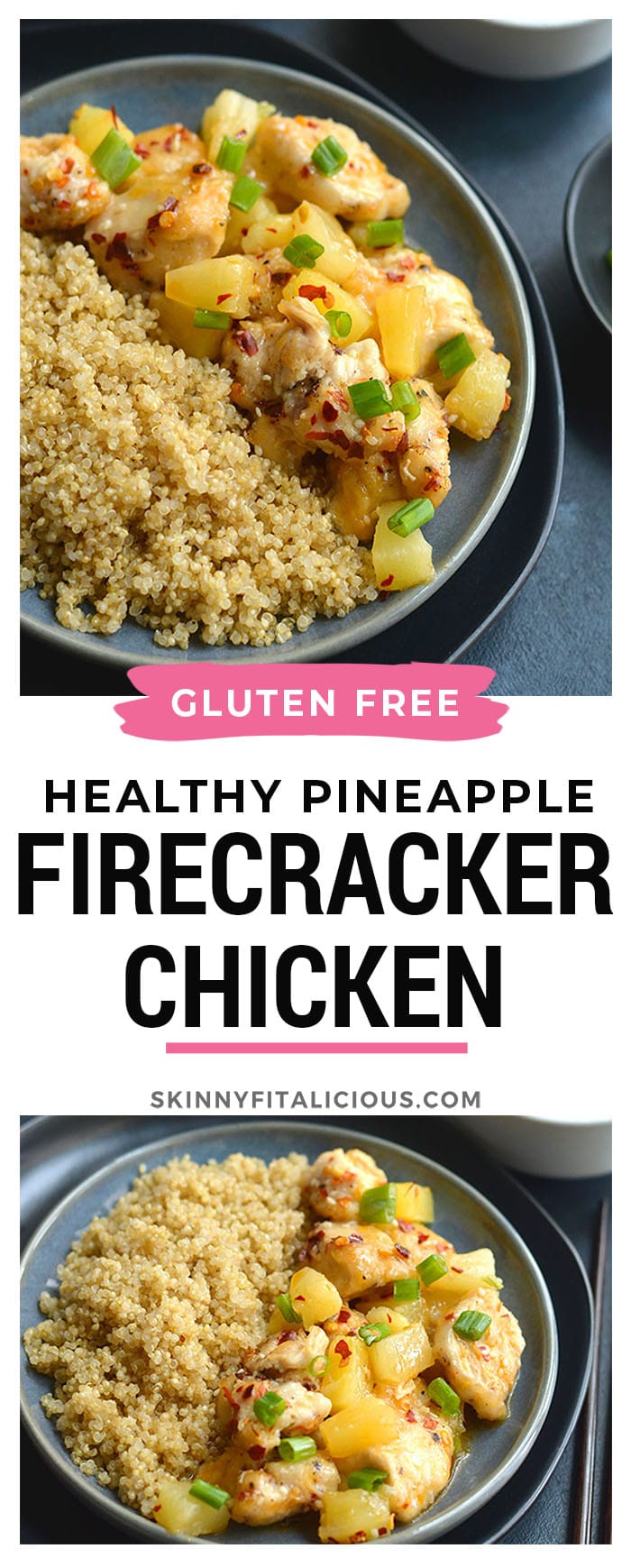 Pineapple Firecracker Chicken With Quinoa! This sweet and savory dish makes tender and moist chicken. Easy to make in a skillet and family approved! Gluten Free + Low Calorie