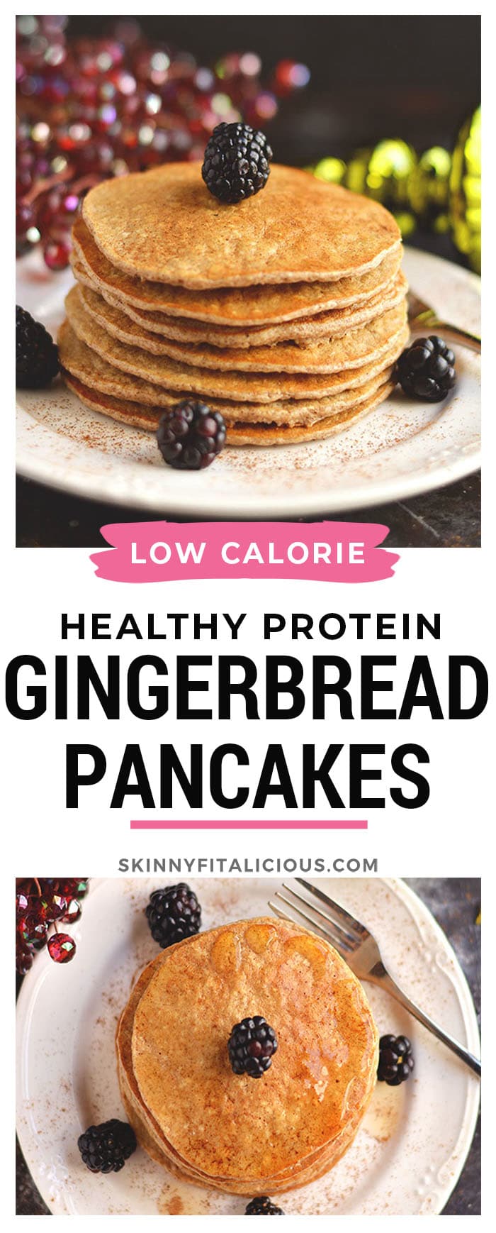 Healthy Gingerbread Protein Pancakes are low calorie and delicious! A  protein packed winter breakfast that's easy and gluten free!