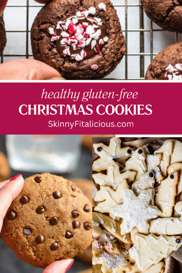 picture of 3 holiday cookies with words that say healthy gluten-free Christmas cookies.