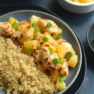 Pineapple Firecracker Chicken With Quinoa! This sweet and savory dish makes tender and moist chicken. Easy to make in a skillet and family approved! Gluten Free + Low Calorie