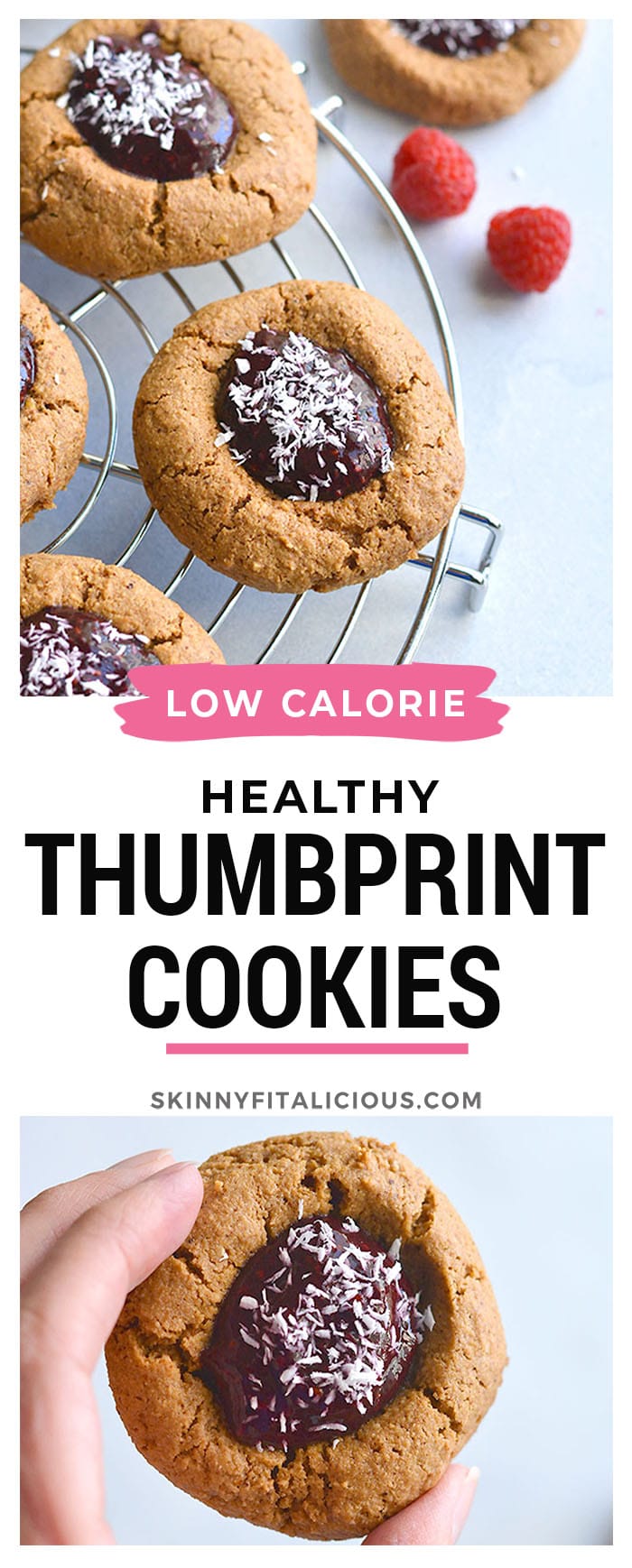 Healthy Raspberry Coconut Thumbprint Cookies! No one will guess these easy to bake coconut and nut butter cookies made with raspberry chia jam are grain free!