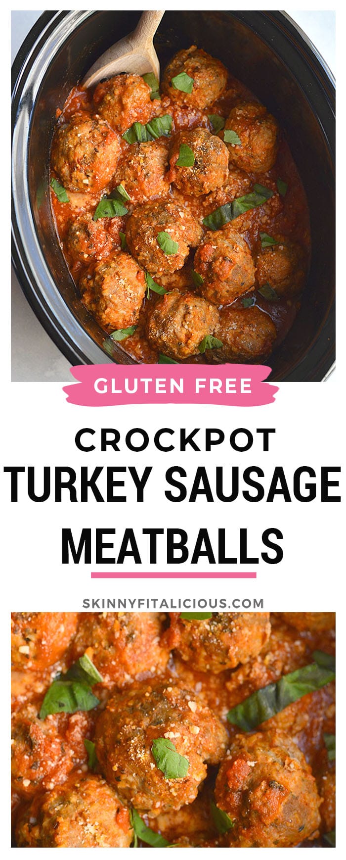 Crockpot Turkey Sausage Meatballs! Thick, juicy, tender meatballs are made with turkey and sausage in a slow cooker. An easy dinner that pleases a crowd! Gluten Free + Low Calorie