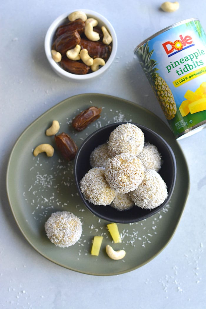 Coconut Cashew Pineapple Bites! These gluten free bites with a sweet pineapple inside and crunchy coconut cashew outside are the perfect bite sized snack! Paleo + Vegan + Gluten Free + Low Calorie