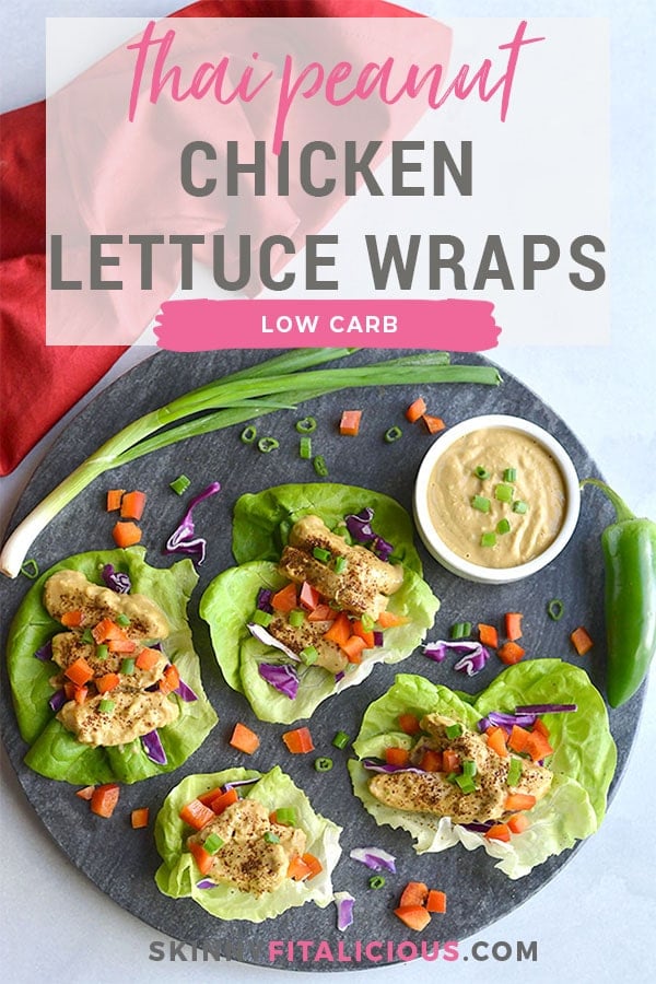 Healthy Thai Peanut Chicken Lettuce Wraps! Chili baked chicken served in lettuce wraps with a peanut buttter sauce. A light dinner or lunch that's easy! Gluten Free + Low Calorie + Low Carb